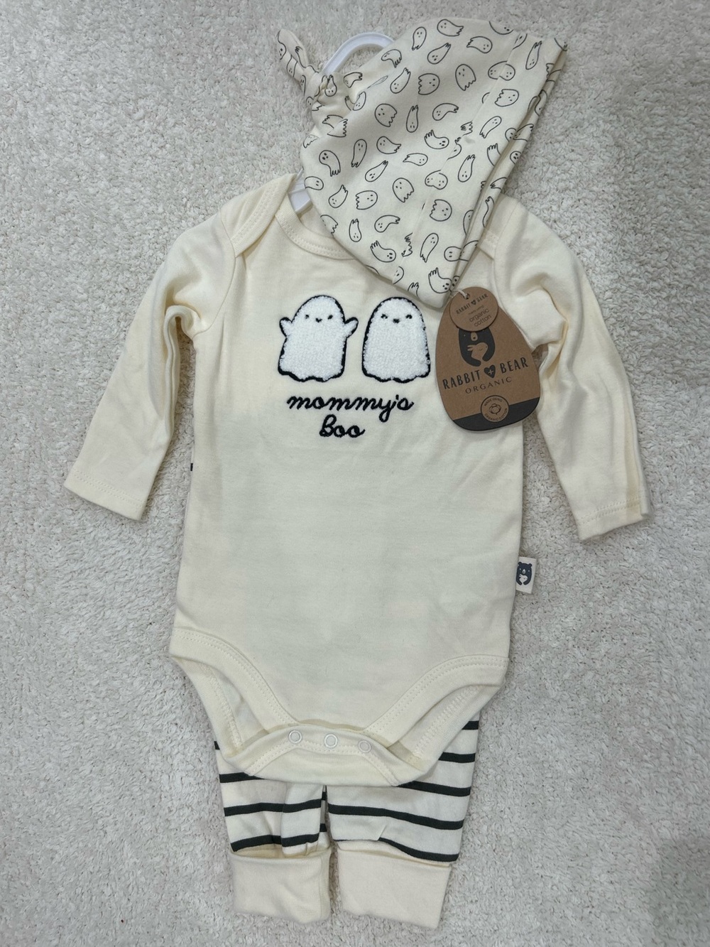 Rabbit + Bear Organic 3 Piece Baby Ghost Outfit Halloween Mommy’s Boo 3-6 Months